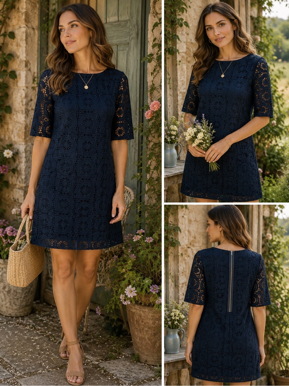 Adrianna Papell Navy Crochet Shift Mini Dress